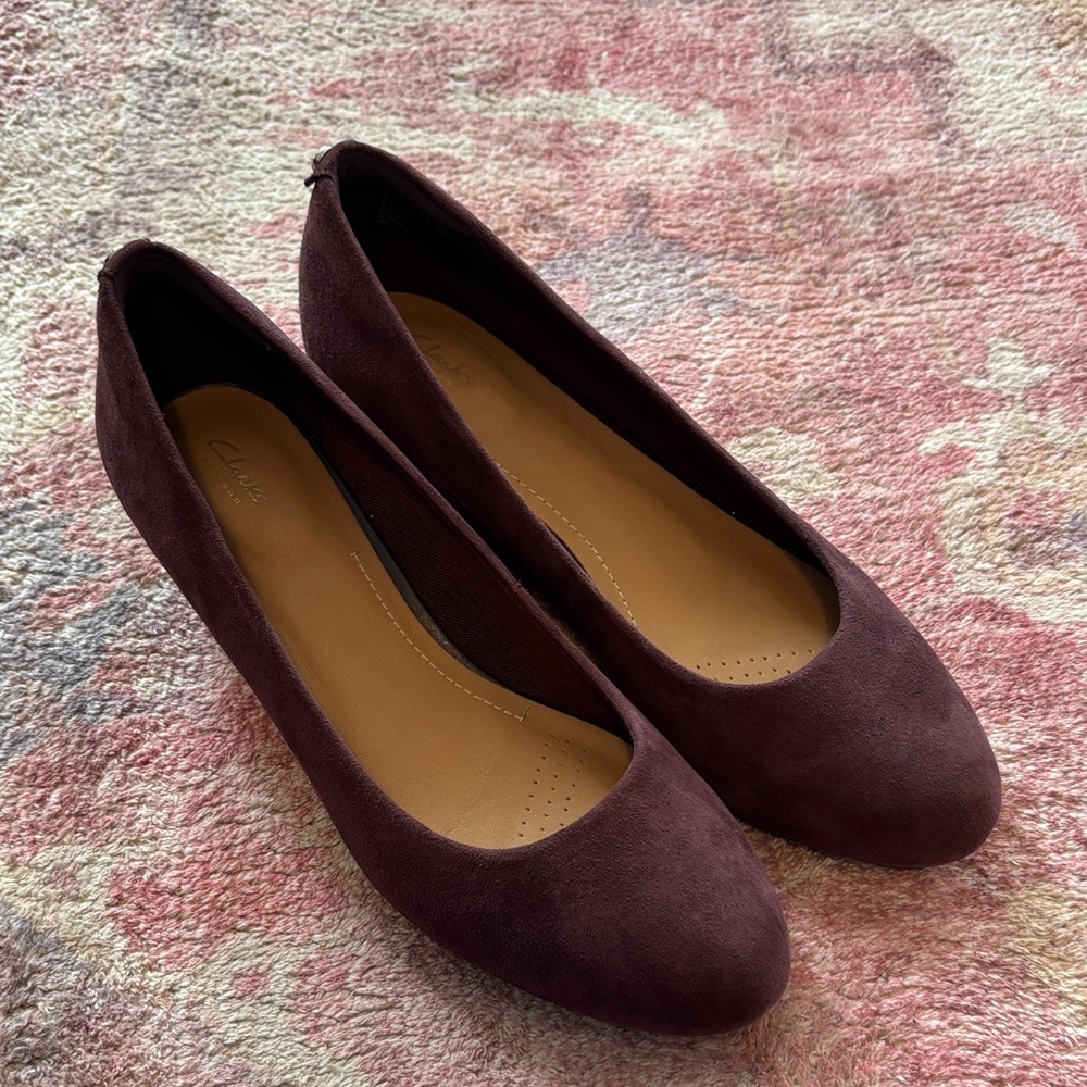 Clarks Burgundy Suede Wedge Heels